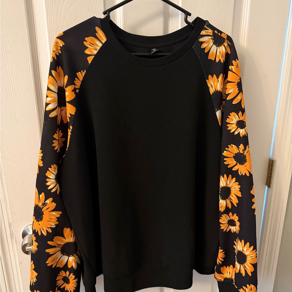 SHEIN Black Sweatshirt with Orange Sunflower Sleeves